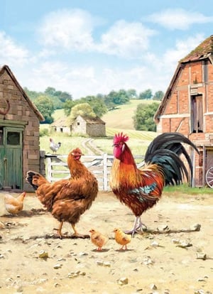 a painting of a rooster , chickens and chicks on a farm .