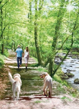 a painting of a man and woman walking their dogs on a path