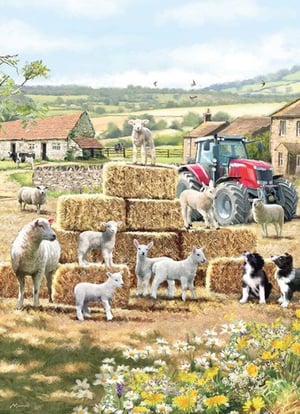 a painting of sheep and lambs standing on bales of hay with a tractor in the background .