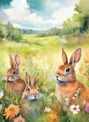a painting of three rabbits in a field of flowers
