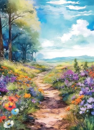 a painting of a path through a field of flowers