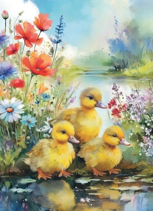 three ducklings are standing in a pond surrounded by flowers