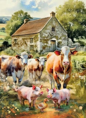 a painting of cows pigs and ducks in front of a stone house