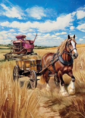 a horse pulling a wagon in a field with a combine harvester in the background