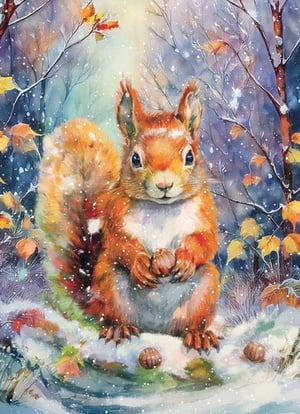 a painting of a squirrel sitting in the snow .