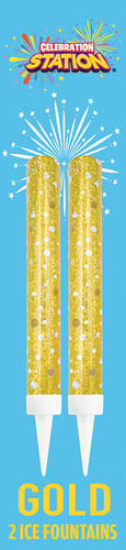 Bring a touch of golden glamour to any celebration with our 2 Pack Gold Ice Fountains. These elegant gold fountains come in a convenient pack of two, ideal for adding a sparkling highlight to cakes, desserts, or festive centrepieces. Each fountain features a rich gold colour, adorned with delightful white and gold dots and stars, promising a beautiful visual display. With their integrated spikes, they are simple to place and ignite, creating a vibrant, shimmering fountain of light. Perfect for birthdays, anniversaries, or any event needing that extra special glow. Supplied by Cube Fireworks Ltd, ensuring quality and excitement.