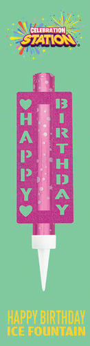 a pink happy birthday ice fountain on a green background