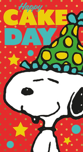 snoopy wearing a party hat says happy cake day