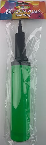 A red balloon pump is in a plastic bag.