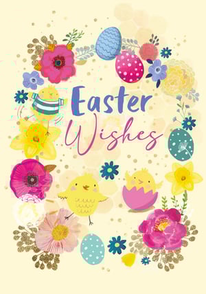 an easter wishes card with flowers and eggs