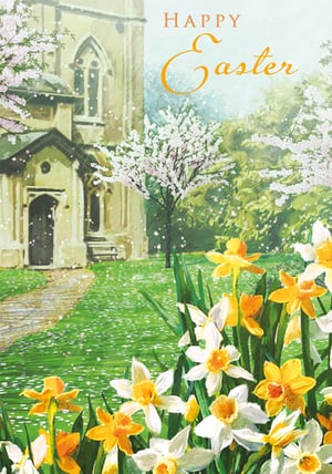 a happy easter card with a church in the background