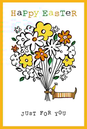 a happy easter card with a dachshund holding a bouquet of flowers