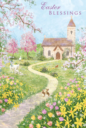 an easter blessings card with a church in the background