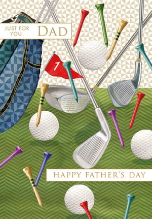 a father 's day card with golf clubs and tees