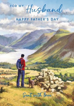 a happy father 's day card with a man walking a dog