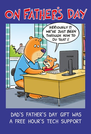 a father 's day card with a bear talking to his son