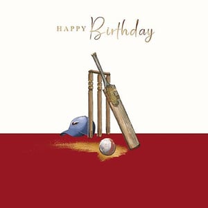 a birthday card with a cricket bat , wickets , ball and cap .
