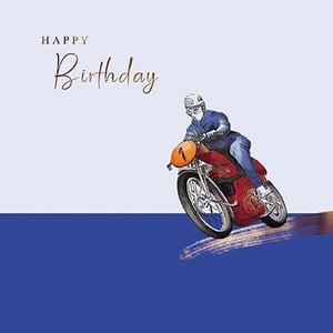 a man is riding a motorcycle on a birthday card .