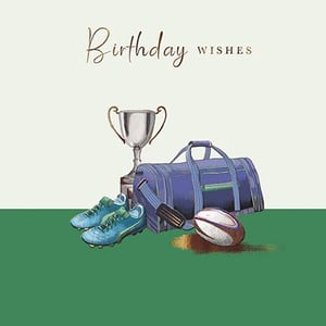 a birthday card with a trophy , soccer cleats , a rugby ball , and a duffel bag .