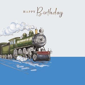 it is a birthday card with a train on it .
