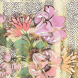a seamless pattern with pink and gold flowers on a polka dot background .
