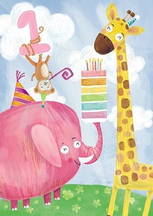 an elephant , giraffe and monkey are celebrating a first birthday with a cake .