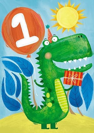 a dinosaur is holding a gift and a balloon for his first birthday .