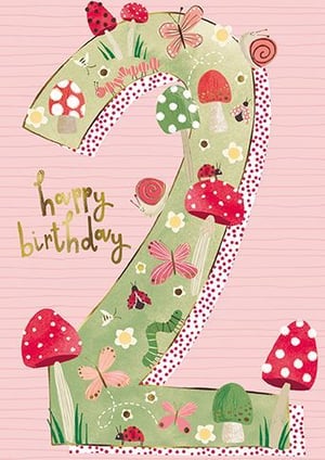 a birthday card for a little girl with a number two decorated with mushrooms