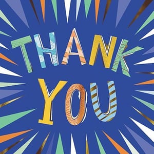 a thank you card with colorful letters on a blue background .