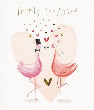a bride and groom flamingo kissing in front of a heart .