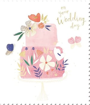 a wedding card with a pink cake decorated with flowers and butterflies .