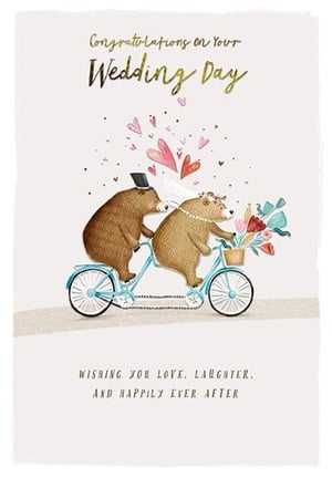 two bears are riding a tandem bicycle on a wedding day card .