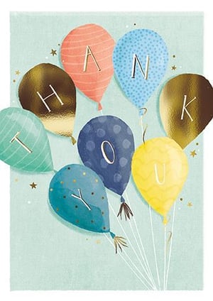 a bunch of balloons with the words `` thank you '' written on them .