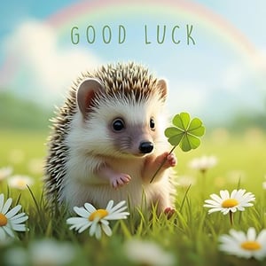 a hedgehog is holding a four leaf clover in a field of daisies .