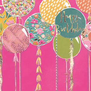 Brighten up your card selection with our delightful Open Birthday Female cards from the Great British Card Company. This charming design features an array of beautifully illustrated balloons, each boasting unique patterns from delicate florals to shimmering gold polka dots. The vibrant pink background makes these balloons truly pop, while intricate details like beaded strings and elegant tassels add a touch of sophistication. A central teal balloon proudly displays "Happy Birthday" in elegant gold script, making this card perfect for celebrating any special woman. Sold in a convenient pack of 6, these cards are sure to be a popular choice for your customers.
