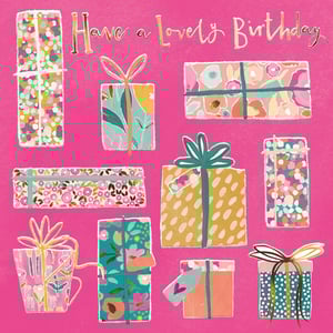 Brighten any birthday with our charming 'Open Birthday Female' cards, proudly brought to you by the Great British Card Company. This delightful pack of 6 features a vibrant pink backdrop, beautifully adorned with an assortment of artfully wrapped gifts. Each present showcases unique, colourful patterns – from delicate florals to playful spots – all tied with elegant ribbons. The shimmering gold text wishing 'Have a Lovely Birthday' adds a touch of sparkle. Perfect for sending warm, heartfelt wishes to any special woman, these cards are designed to make every celebration feel extra special. Stock up on these lovely designs today!