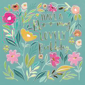 Wish her a truly special day with this delightful "Open Birthday Female" card from the Great British Card Company. Adorned with a vibrant, hand-painted floral design on a serene teal background, the card features the charming message "HAVE A BLOOMING LOVELY Birthday" in elegant gold lettering. The array of colourful flowers and foliage in pinks, oranges, and greens creates a wonderfully cheerful and natural aesthetic. This card is a lovely choice for any female recipient, offering a warm and celebratory greeting. Available in a convenient pack size of 1x6, it's a fantastic addition to your greeting card range.