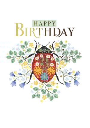 Brighten someone's special day with this enchanting Open Birthday card from the Great British Card Company. Featuring a charming ladybird adorned with intricate floral patterns in vibrant reds, yellows, and blues, it's a true work of art. Delicate sprigs of leaves and tiny blossoms in soft greens, blues, and yellows surround the central design, creating a whimsical garden feel. The elegant 'Happy Birthday' message, presented in stylish gold and brown lettering, adds a touch of sophistication. Perfect for female recipients of all ages, this beautiful card is supplied in a convenient pack of 6, ready to delight your customers.
