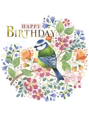 Celebrate her special day with this exquisite 'Open Birthday Female' card from the Great British Card Company. Featuring a charming blue tit perched amidst a vibrant and intricate floral design, this card is a true work of art. The rich golden 'BIRTHDAY' lettering beautifully complements the cheerful array of pink, orange, and blue blossoms, all set against a crisp white background. Perfect for any female recipient, its delightful nature-inspired illustration and elegant finish make it a standout choice. Each pack contains 6 cards, ready to bring a touch of natural beauty and heartfelt wishes to your customers.