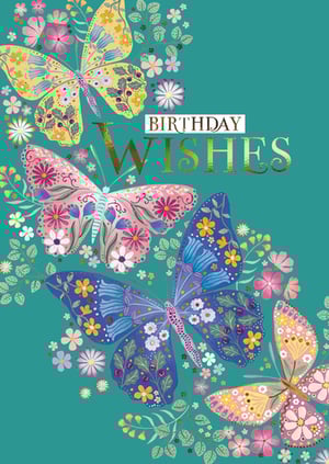 Celebrate birthdays with a touch of enchanting beauty with our 'Open Birthday Female' card. This exquisite design features a vibrant teal background, brought to life by a stunning array of intricately patterned butterflies and delicate floral accents. Rich gold lettering proudly proclaims 'Birthday Wishes', adding a luxurious feel. Each butterfly is a miniature masterpiece, adorned with unique, colourful details that are sure to captivate. Perfect for a wide range of female recipients, this card offers an elegant and joyful way to send your warmest regards. Supplied by the Great British Card Company, you can trust in its exceptional quality and design. Available in a convenient pack of six, it’s a truly charming addition to any greeting card display.
