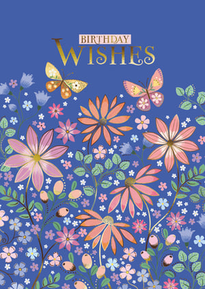Introduce a touch of floral elegance to your card selection with our stunning Open Birthday Female card from the Great British Card Company. This beautiful design features a vibrant blue background adorned with an array of charming pink and orange flowers, delicate green foliage, and whimsical butterflies. The elegant 'Birthday Wishes' text, highlighted in shimmering gold foil, adds a luxurious finish. Perfect for celebrating any female birthday, this card offers a sophisticated yet cheerful aesthetic that is sure to delight recipients. Supplied in a convenient pack of 6, it's an ideal addition to your greeting card display, promising broad appeal and excellent sales.