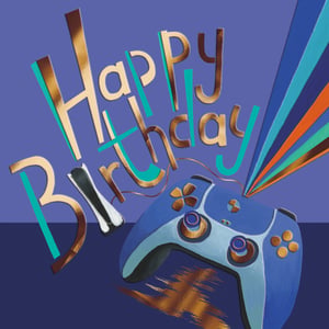 Celebrate their special day with this awesome 'Happy Birthday' card, perfect for the gamer in your life! Featuring a cool blue game controller with striking gold and teal accents, this card is bursting with energy. The vibrant "Happy Birthday" message shines with metallic gold foil and playful teal details, set against a stylish purple background. Dynamic streaks of colour and a bold brushstroke add to its modern appeal. It's the ideal way to send birthday wishes to any gaming enthusiast. From the Great British Card Company, this card is sure to be a winner!