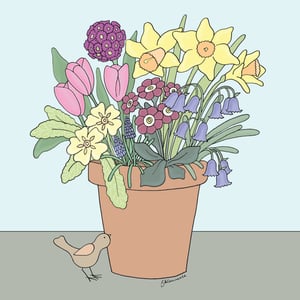 a drawing of flowers in a pot with a bird standing next to it