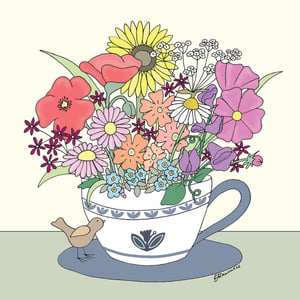 a drawing of a cup filled with flowers and a bird with the name ethanville on the bottom