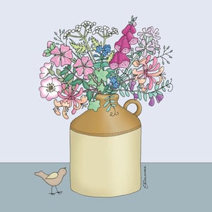 a drawing of flowers in a vase with a bird standing next to it