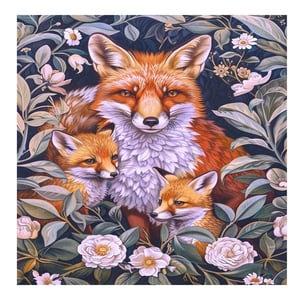 a painting of a mother fox and her two cubs surrounded by flowers