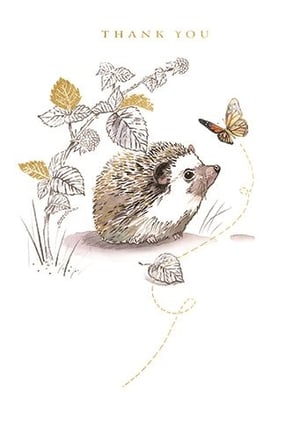 a hedgehog is looking at a butterfly on a thank you card .
