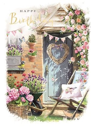 a birthday card with a painting of a garden with flowers and a chair .