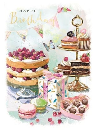 a birthday card with a painting of cakes and gifts on a table .