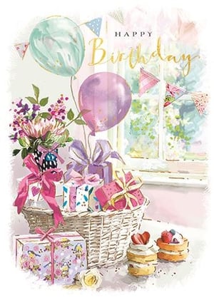 a birthday card with a basket filled with gifts and balloons .